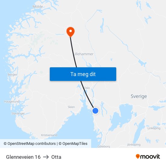 Glenneveien 16 to Otta map