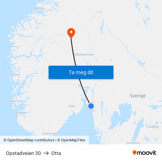 Opstadveien 30 to Otta map