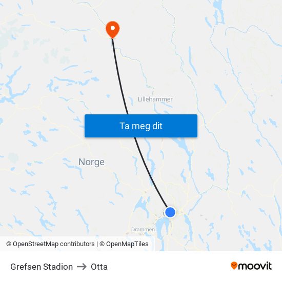 Grefsen Stadion to Otta map