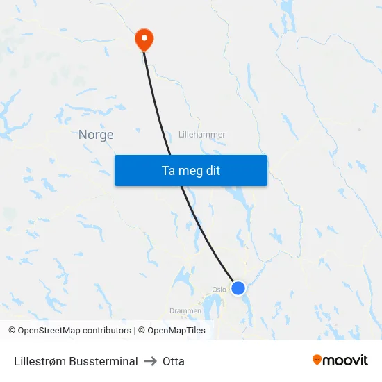 Lillestrøm Bussterminal to Otta map