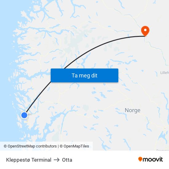 Kleppestø Terminal to Otta map