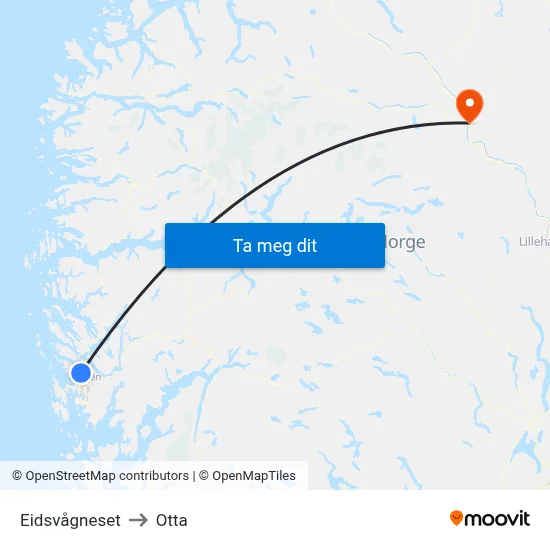 Eidsvågneset to Otta map