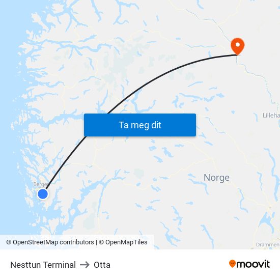 Nesttun Terminal to Otta map