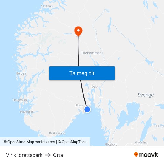 Virik Idrettspark to Otta map