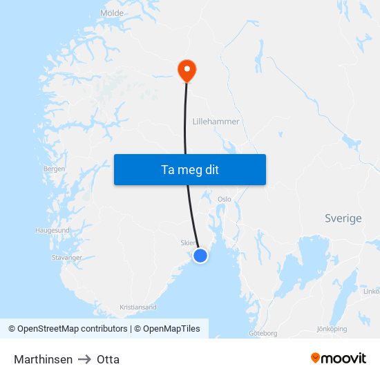 Marthinsen to Otta map