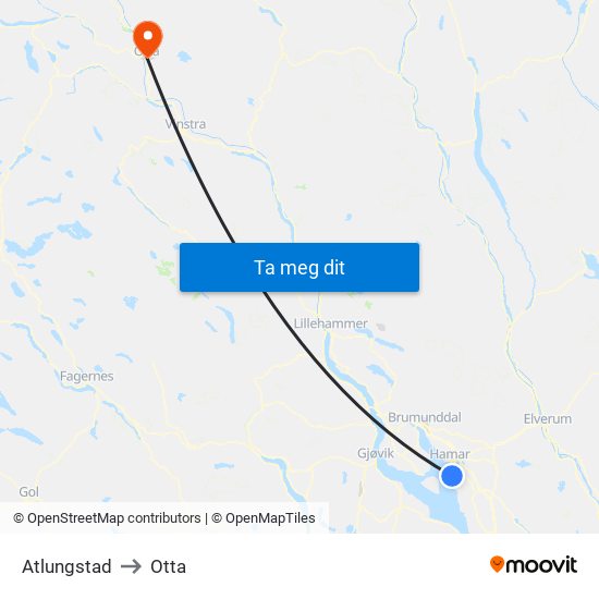 Atlungstad to Otta map