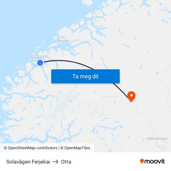 Solavågen Ferjekai to Otta map