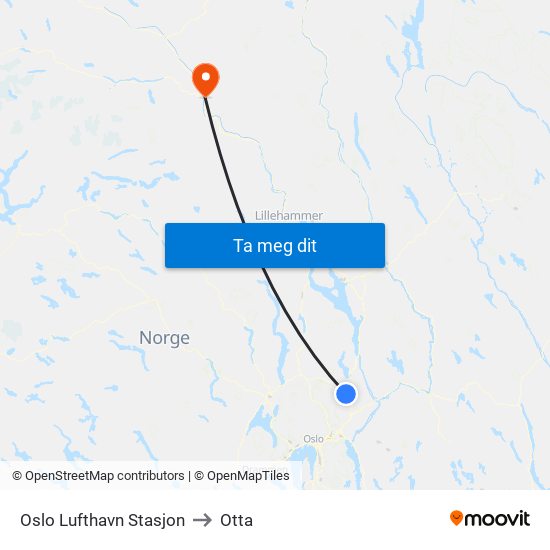 Oslo Lufthavn Stasjon to Otta map