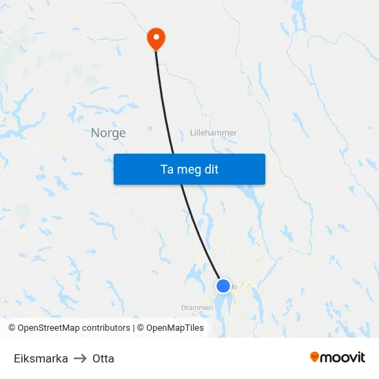 Eiksmarka to Otta map