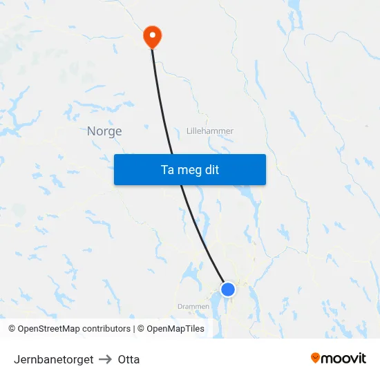 Jernbanetorget to Otta map