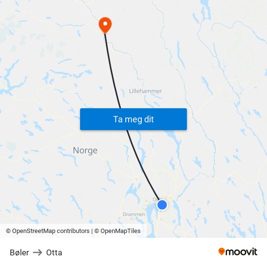 Bøler to Otta map