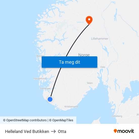 Helleland Ved Butikken to Otta map