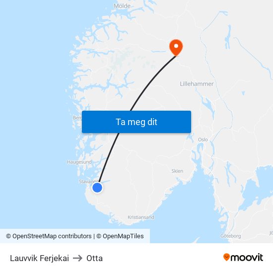 Lauvvik Ferjekai to Otta map