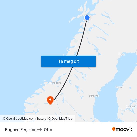 Bognes Ferjekai to Otta map