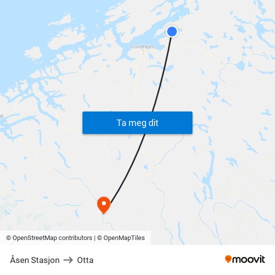 Åsen Stasjon to Otta map
