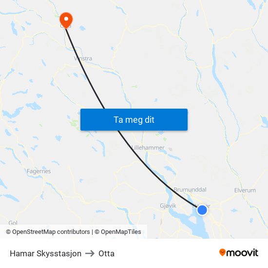 Hamar Skysstasjon to Otta map