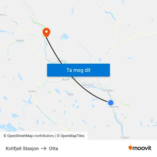 Kvitfjell Stasjon to Otta map