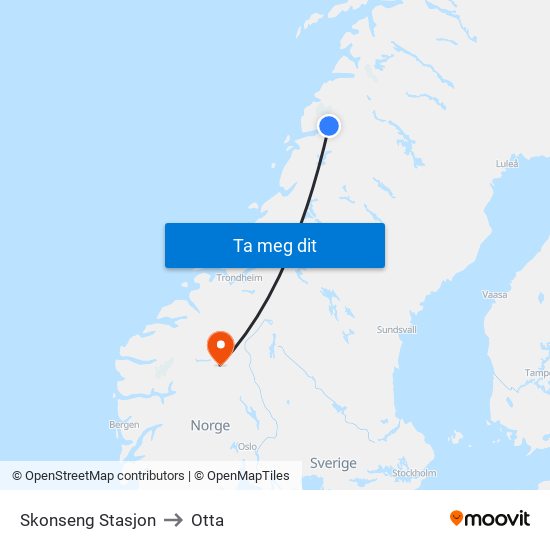 Skonseng Stasjon to Otta map