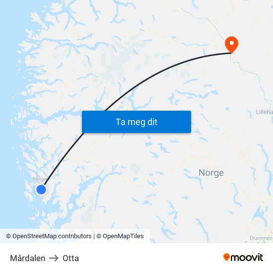 Mårdalen to Otta map