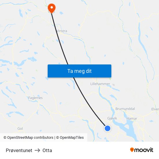 Prøventunet to Otta map