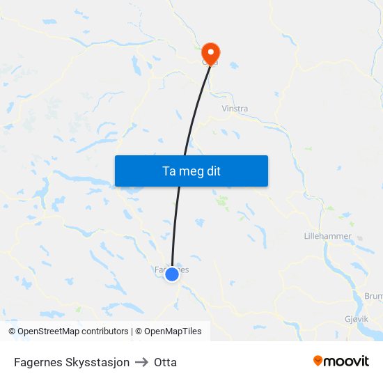 Fagernes Skysstasjon to Otta map