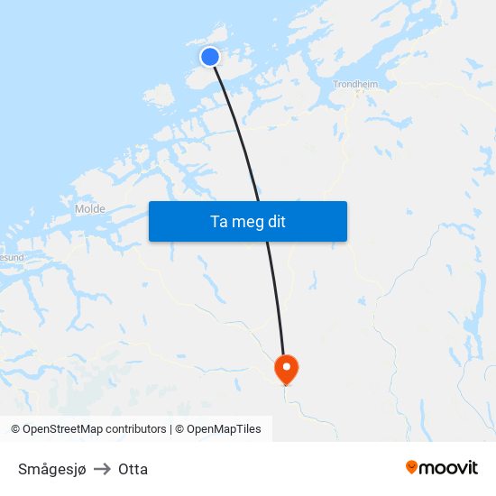 Smågesjø to Otta map