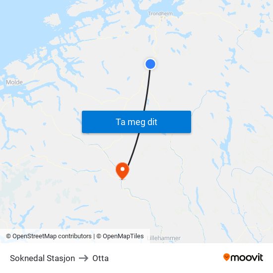 Soknedal Stasjon to Otta map