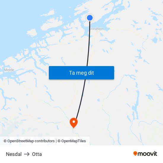 Nesdal to Otta map