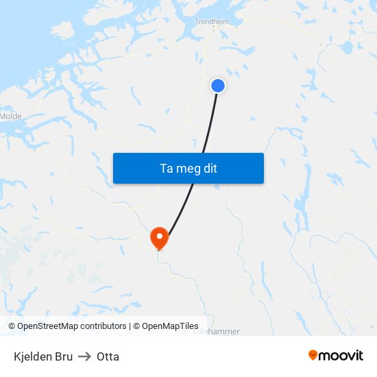 Kjelden Bru to Otta map