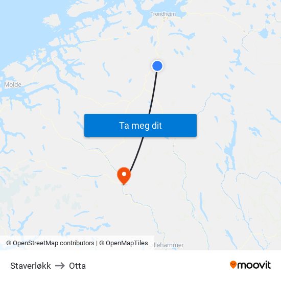 Staverløkk to Otta map