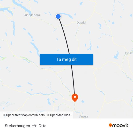 Stekerhaugen to Otta map