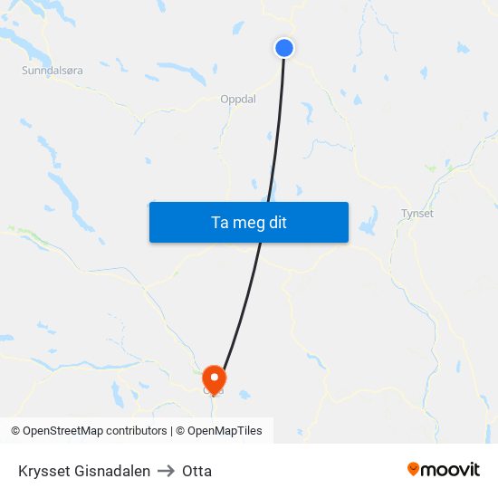 Krysset Gisnadalen to Otta map