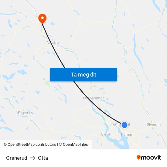 Granerud to Otta map