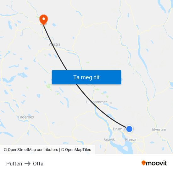 Putten to Otta map