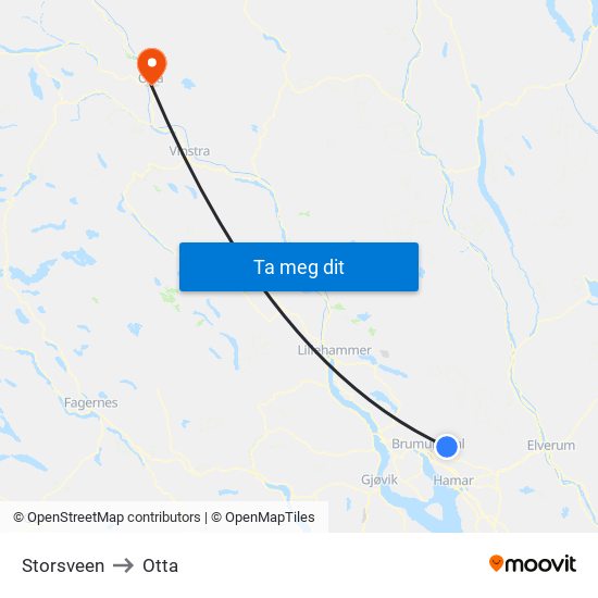 Storsveen to Otta map