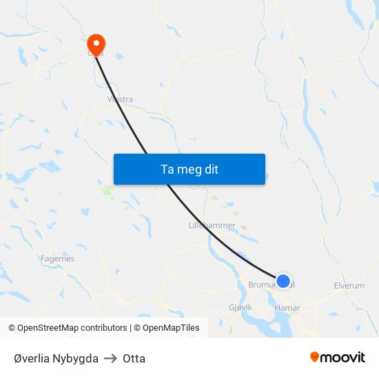 Øverlia Nybygda to Otta map