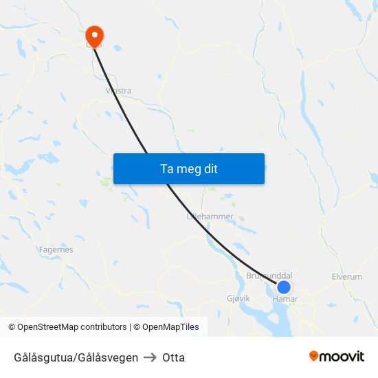 Gålåsgutua/Gålåsvegen to Otta map
