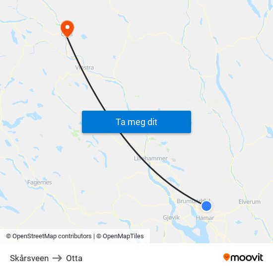 Skårsveen to Otta map