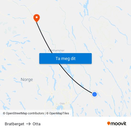Bratberget to Otta map