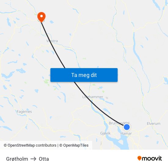 Grøtholm to Otta map