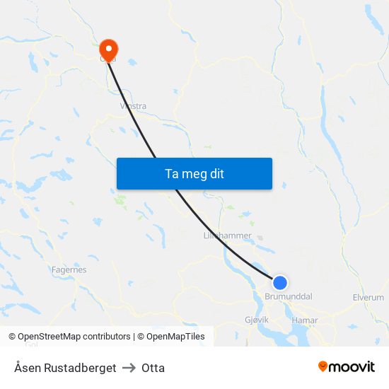 Åsen Rustadberget to Otta map