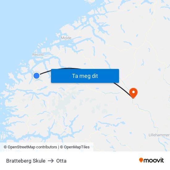 Bratteberg Skule to Otta map
