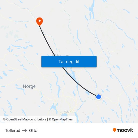 Tollerud to Otta map