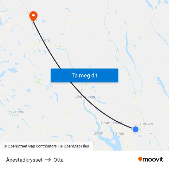 Ånestadkrysset to Otta map