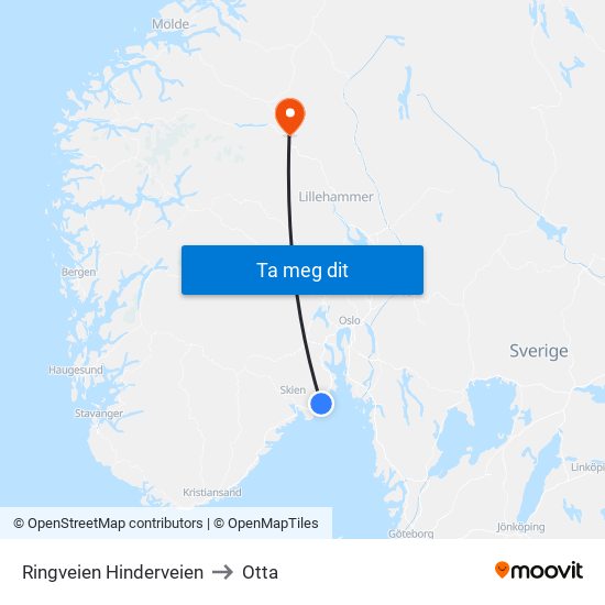 Ringveien Hinderveien to Otta map