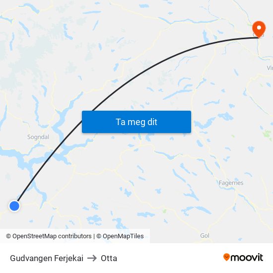 Gudvangen Ferjekai to Otta map