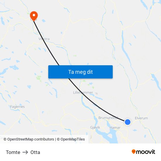 Tomte to Otta map