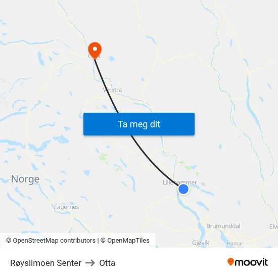 Røyslimoen Senter to Otta map