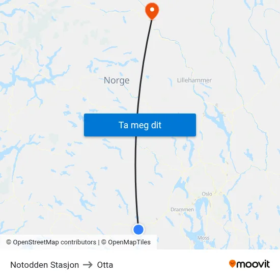 Notodden Stasjon to Otta map