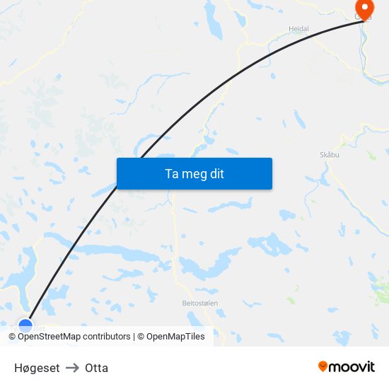 Høgeset to Otta map